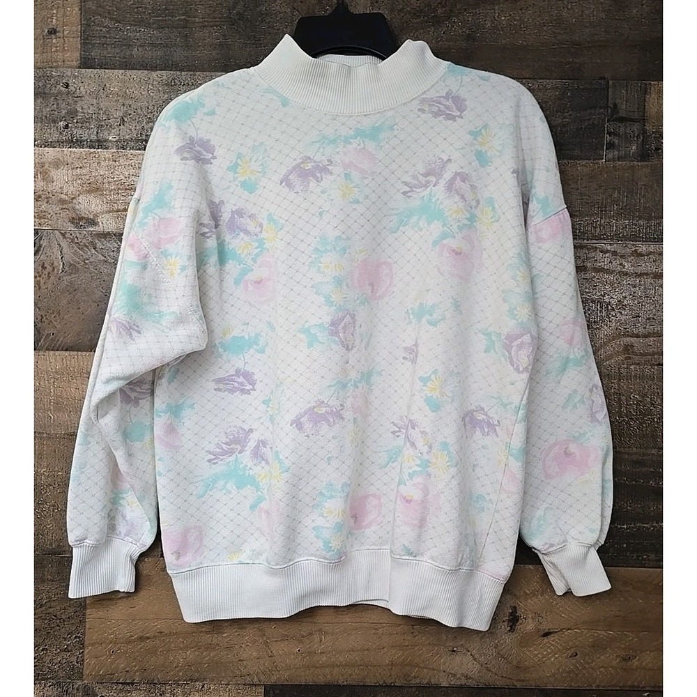 Women Mock Neck Floral Sweater Medium Floral Cottagecore Granny Boho Vintage